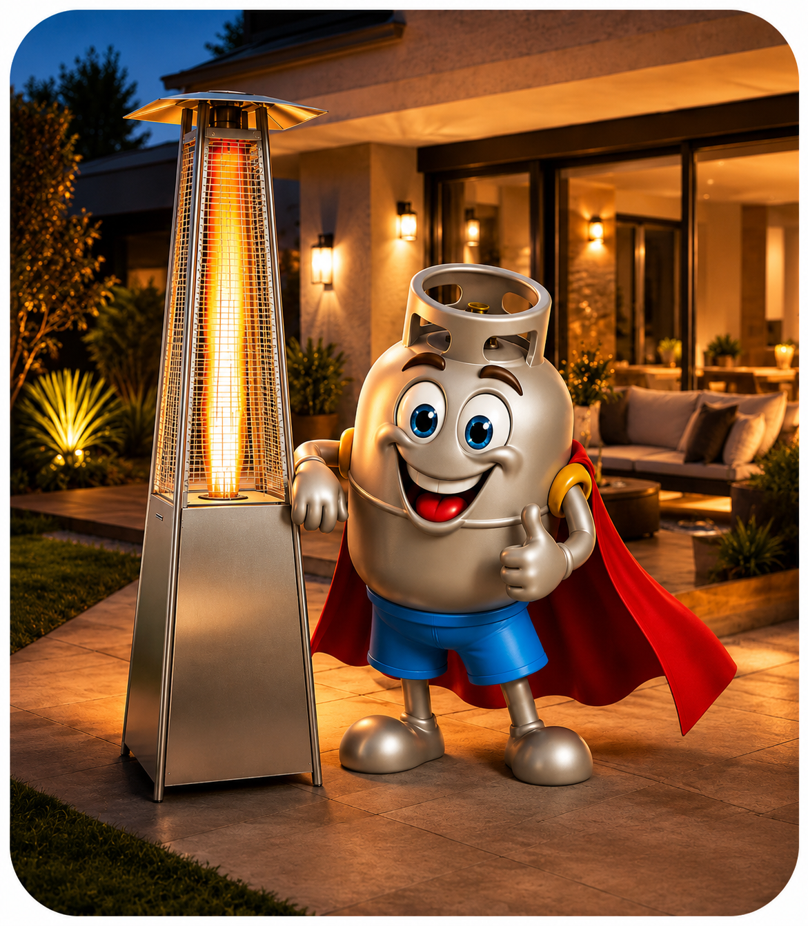 Mascote FamaGás ao lado de aquecedor externo em área gourmet