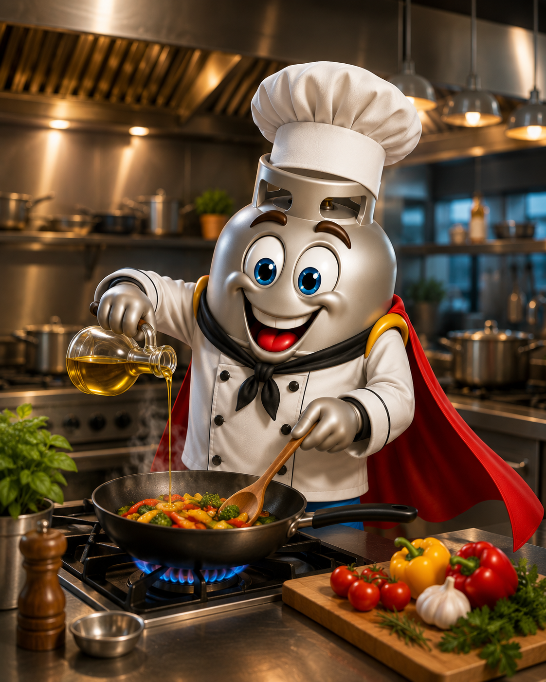 Mascote FamaGás cozinhando em cozinha profissional